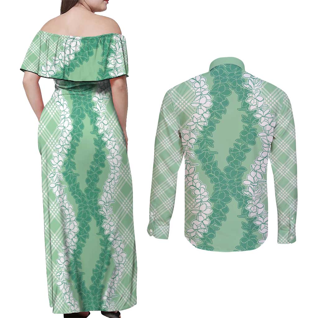 Hawaii Aloha Plumeria Lei Mint Palaka Couples Matching Off Shoulder Maxi Dress and Long Sleeve Button Shirt - Polynesian Pride