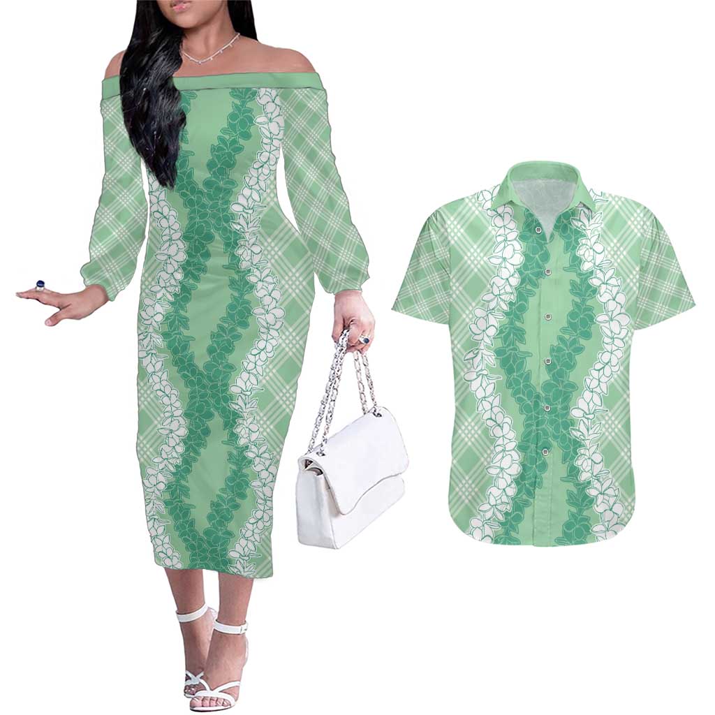 Hawaii Aloha Plumeria Lei Mint Palaka Couples Matching Off The Shoulder Long Sleeve Dress and Hawaiian Shirt - Polynesian Pride