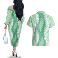 Hawaii Aloha Plumeria Lei Mint Palaka Couples Matching Off The Shoulder Long Sleeve Dress and Hawaiian Shirt - Polynesian Pride