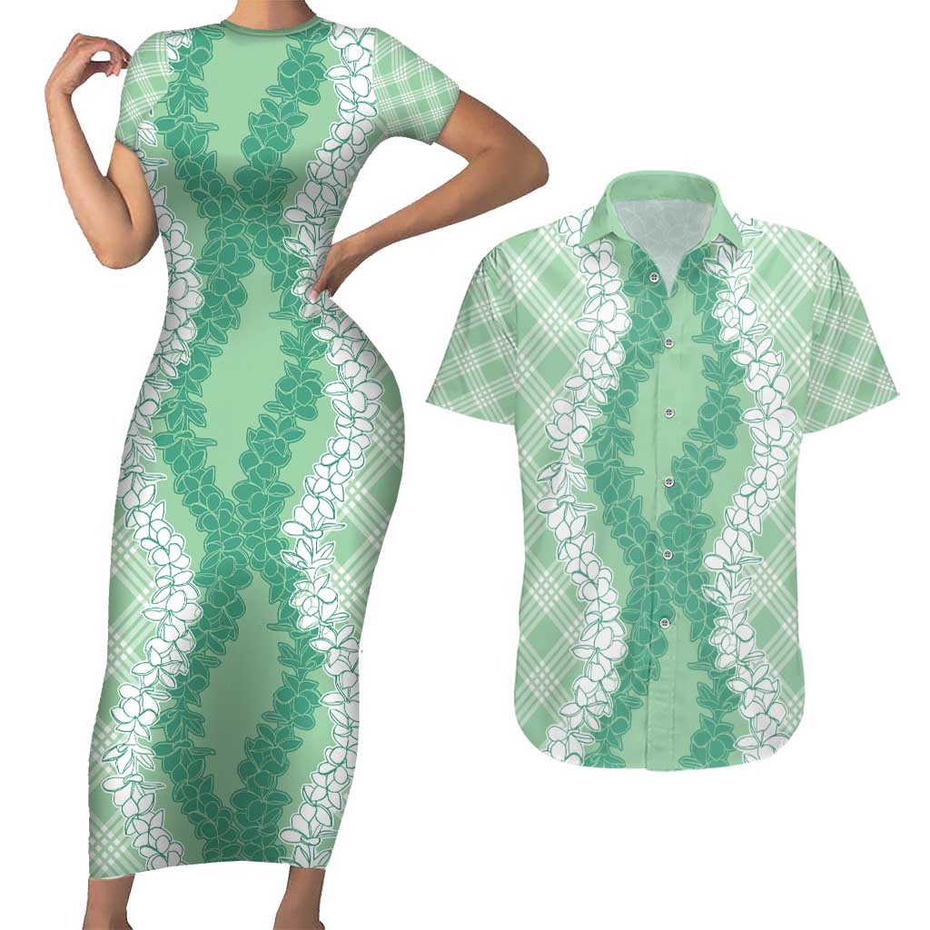 Hawaii Aloha Plumeria Lei Mint Palaka Couples Matching Short Sleeve Bodycon Dress and Hawaiian Shirt - Polynesian Pride