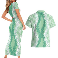 Hawaii Aloha Plumeria Lei Mint Palaka Couples Matching Short Sleeve Bodycon Dress and Hawaiian Shirt - Polynesian Pride