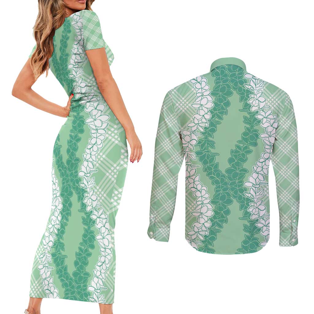 Hawaii Aloha Plumeria Lei Mint Palaka Couples Matching Short Sleeve Bodycon Dress and Long Sleeve Button Shirt - Polynesian Pride