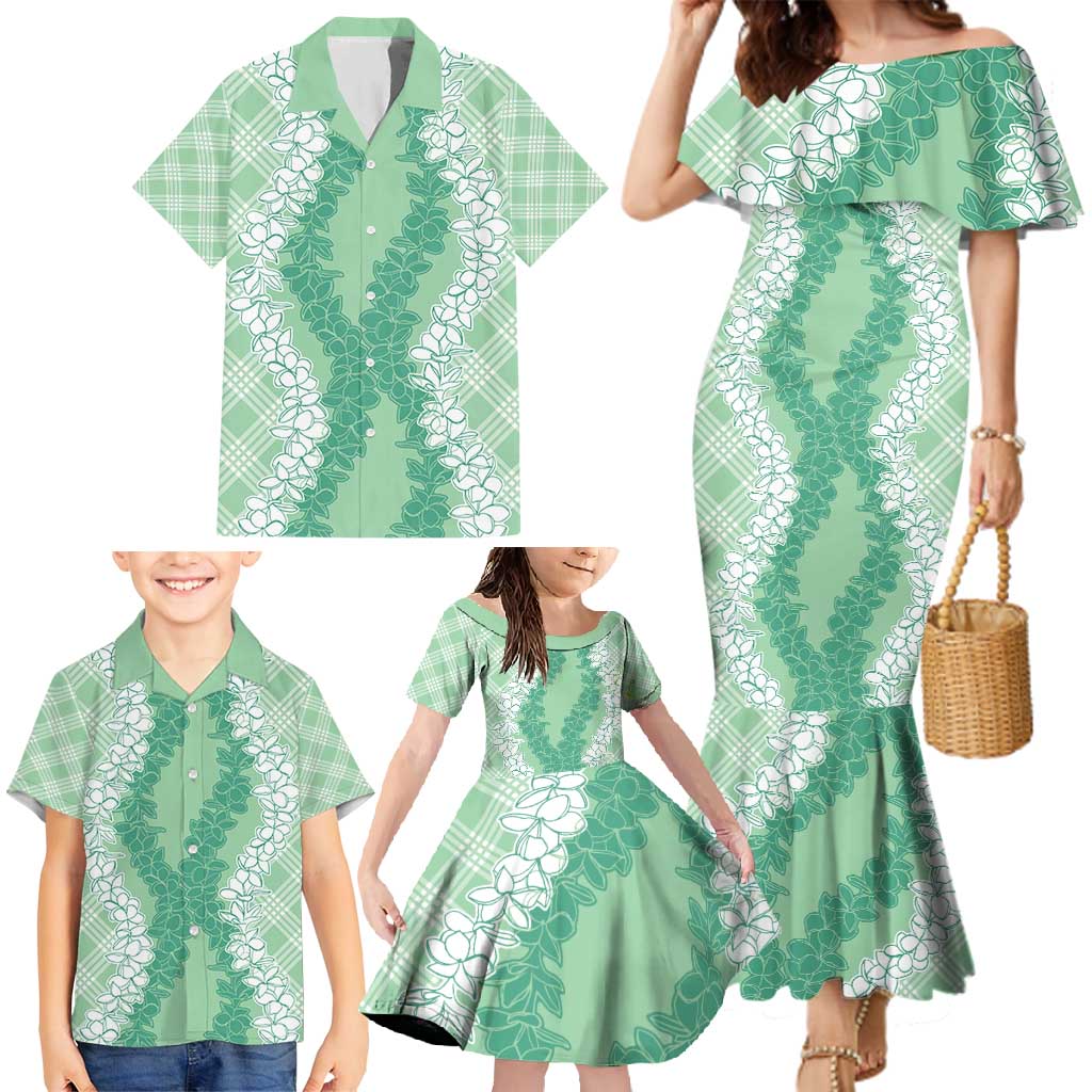 Hawaii Aloha Plumeria Lei Mint Palaka Family Matching Mermaid Dress and Hawaiian Shirt - Polynesian Pride