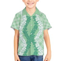 Hawaii Aloha Plumeria Lei Mint Palaka Family Matching Short Sleeve Bodycon Dress and Hawaiian Shirt - Polynesian Pride