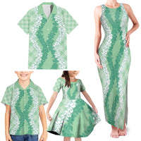 Hawaii Aloha Plumeria Lei Mint Palaka Family Matching Tank Maxi Dress and Hawaiian Shirt - Polynesian Pride