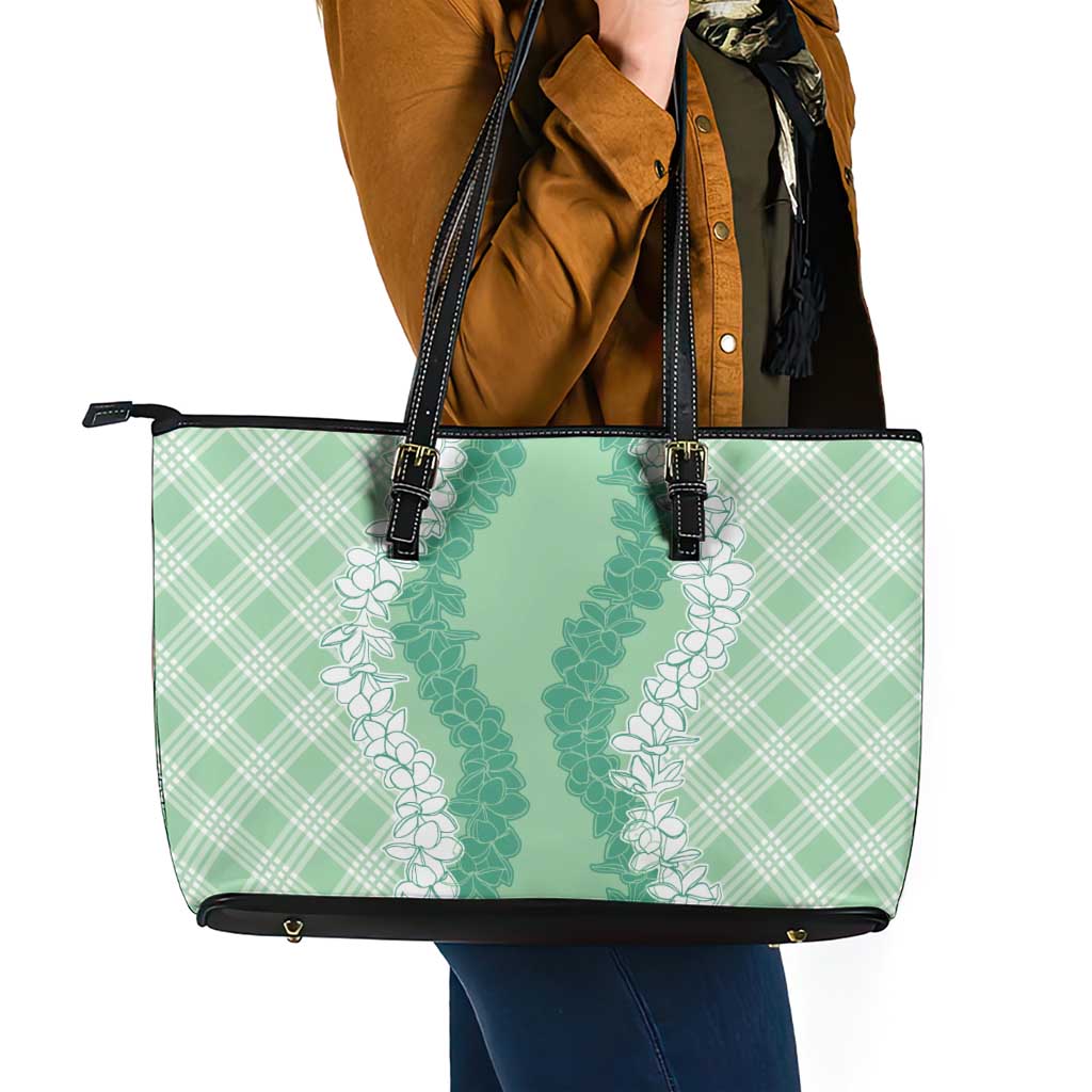 Hawaii Aloha Plumeria Lei Mint Palaka Leather Tote Bag - Polynesian Pride