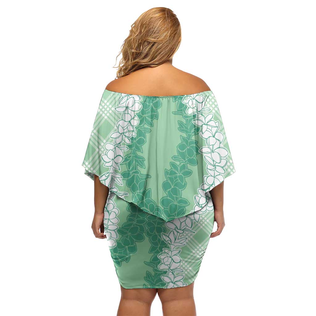 Hawaii Aloha Plumeria Lei Mint Palaka Off Shoulder Short Dress - Polynesian Pride
