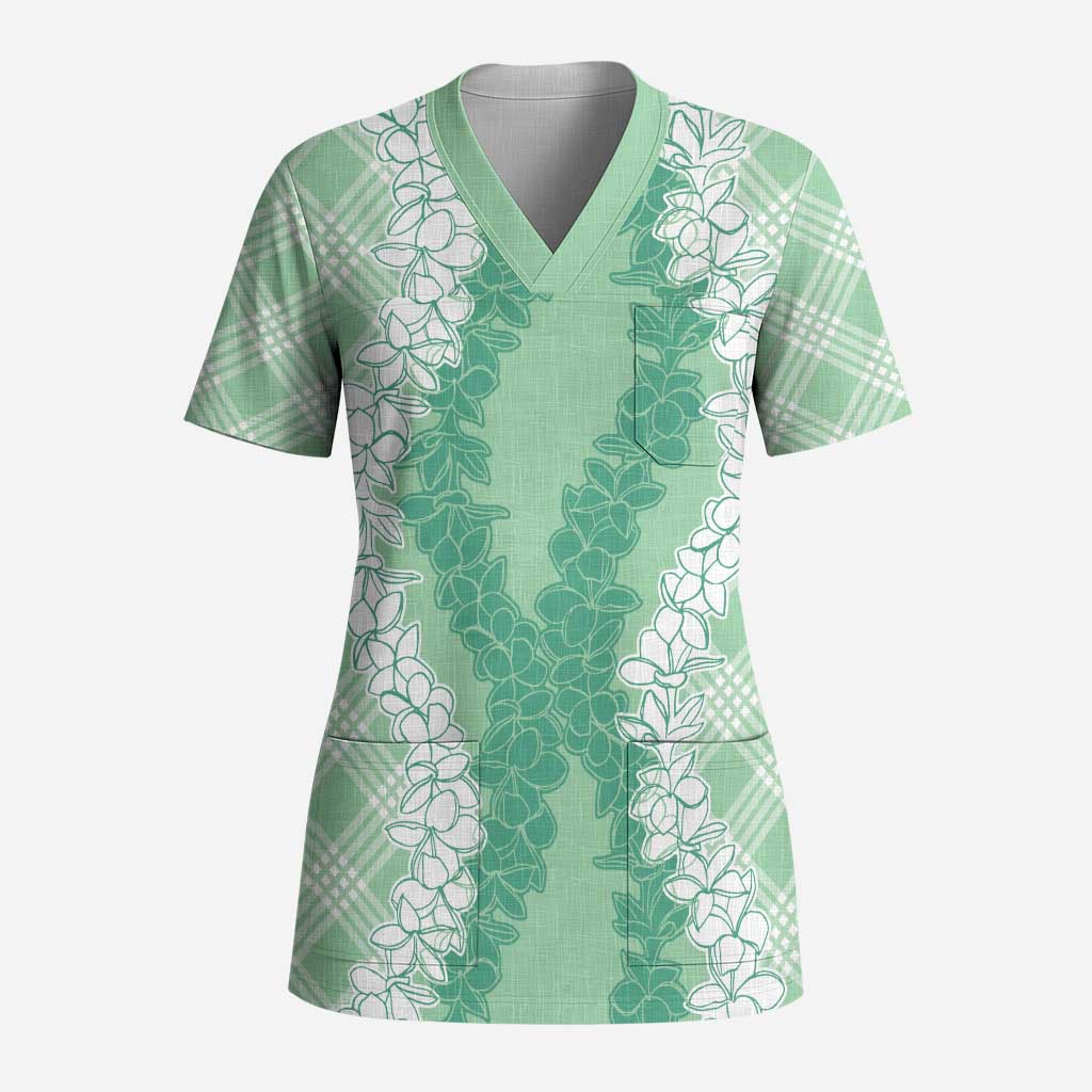 Hawaii Aloha Plumeria Lei Mint Palaka Scrub Top - Polynesian Pride