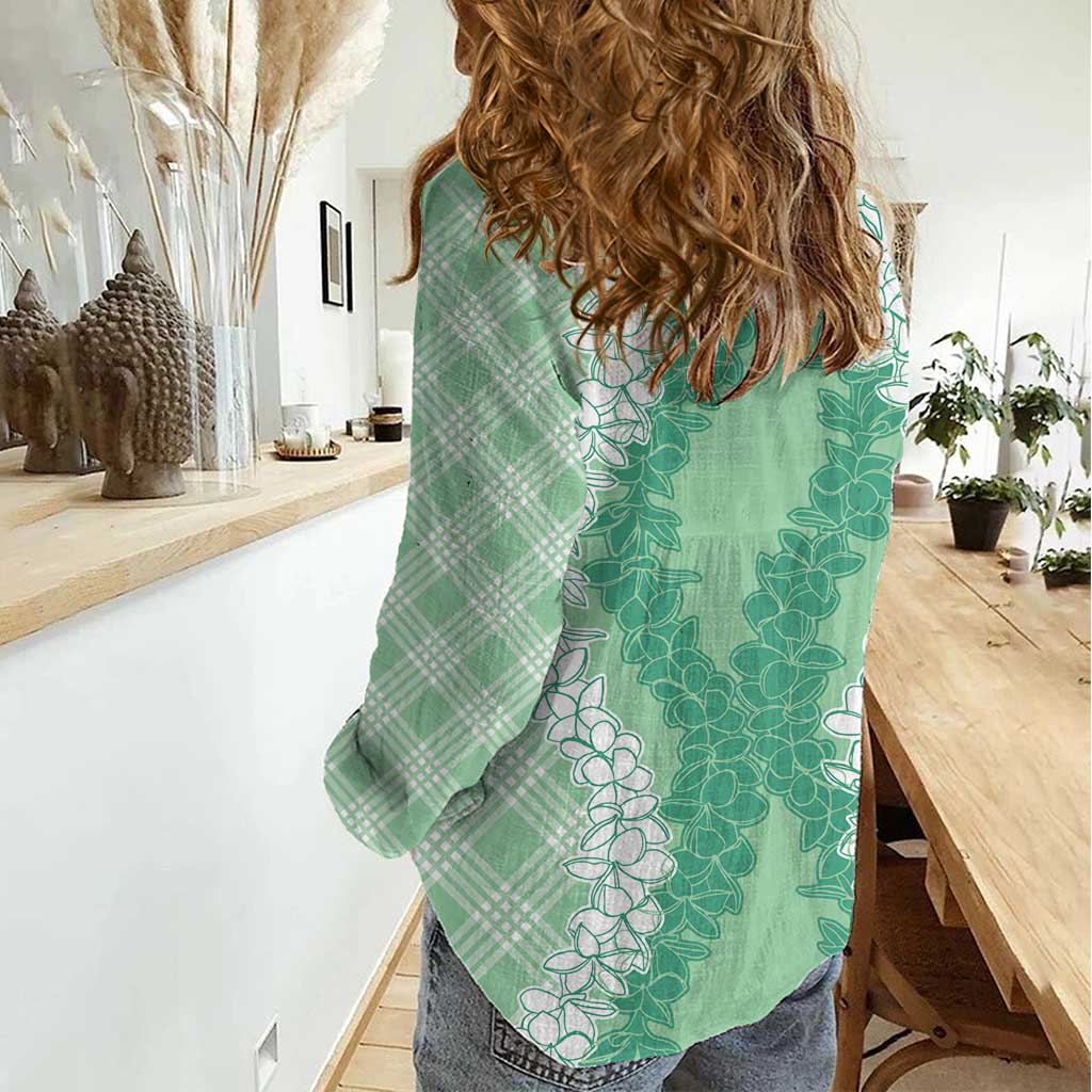 Hawaii Aloha Plumeria Lei Mint Palaka Women Casual Shirt - Polynesian Pride