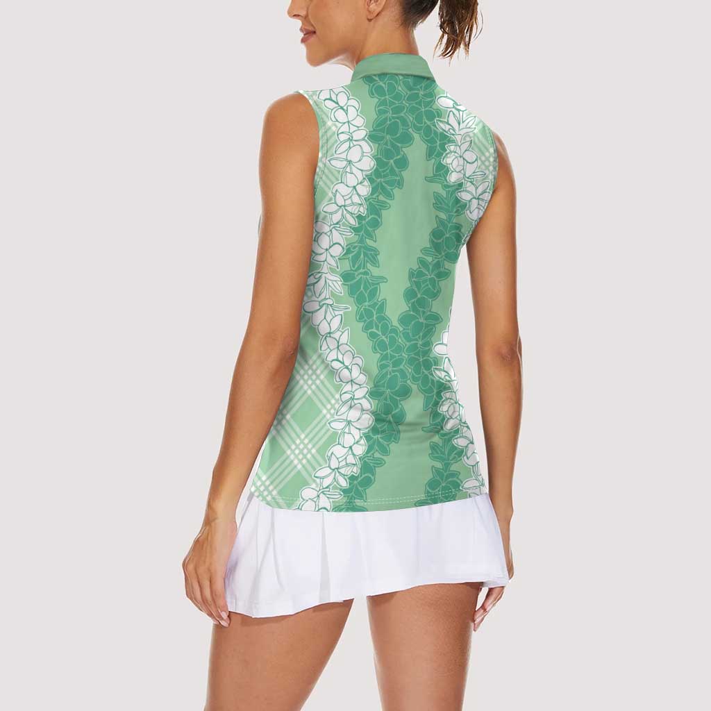 Hawaii Aloha Plumeria Lei Mint Palaka Women Sleeveless Polo Shirt - Polynesian Pride