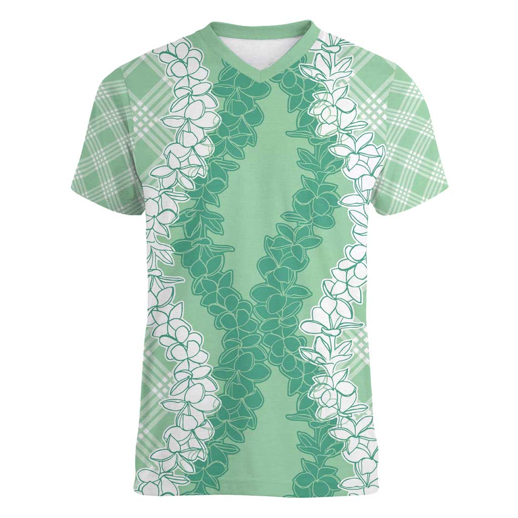 Hawaii Aloha Plumeria Lei Mint Palaka Women V-Neck T-Shirt - Polynesian Pride