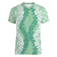 Hawaii Aloha Plumeria Lei Mint Palaka Women V-Neck T-Shirt - Polynesian Pride