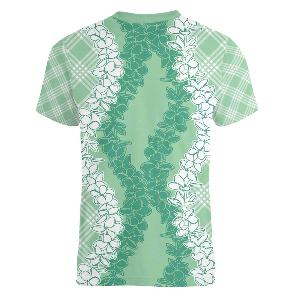 Hawaii Aloha Plumeria Lei Mint Palaka Women V-Neck T-Shirt - Polynesian Pride