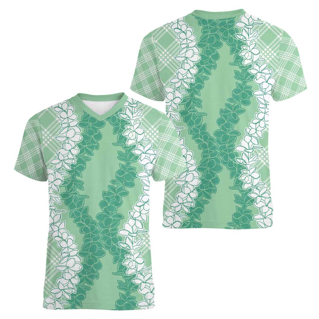 Hawaii Aloha Plumeria Lei Mint Palaka Women V-Neck T-Shirt - Polynesian Pride