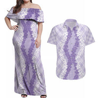 Hawaii Aloha Plumeria Lei Lavender Palaka Couples Matching Off Shoulder Maxi Dress and Hawaiian Shirt - Polynesian Pride