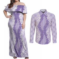 Hawaii Aloha Plumeria Lei Lavender Palaka Couples Matching Off Shoulder Maxi Dress and Long Sleeve Button Shirt - Polynesian Pride