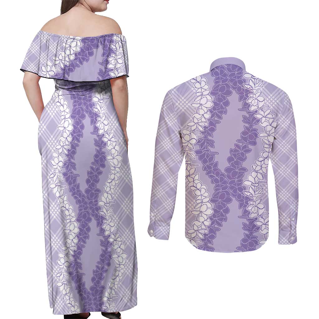 Hawaii Aloha Plumeria Lei Lavender Palaka Couples Matching Off Shoulder Maxi Dress and Long Sleeve Button Shirt - Polynesian Pride