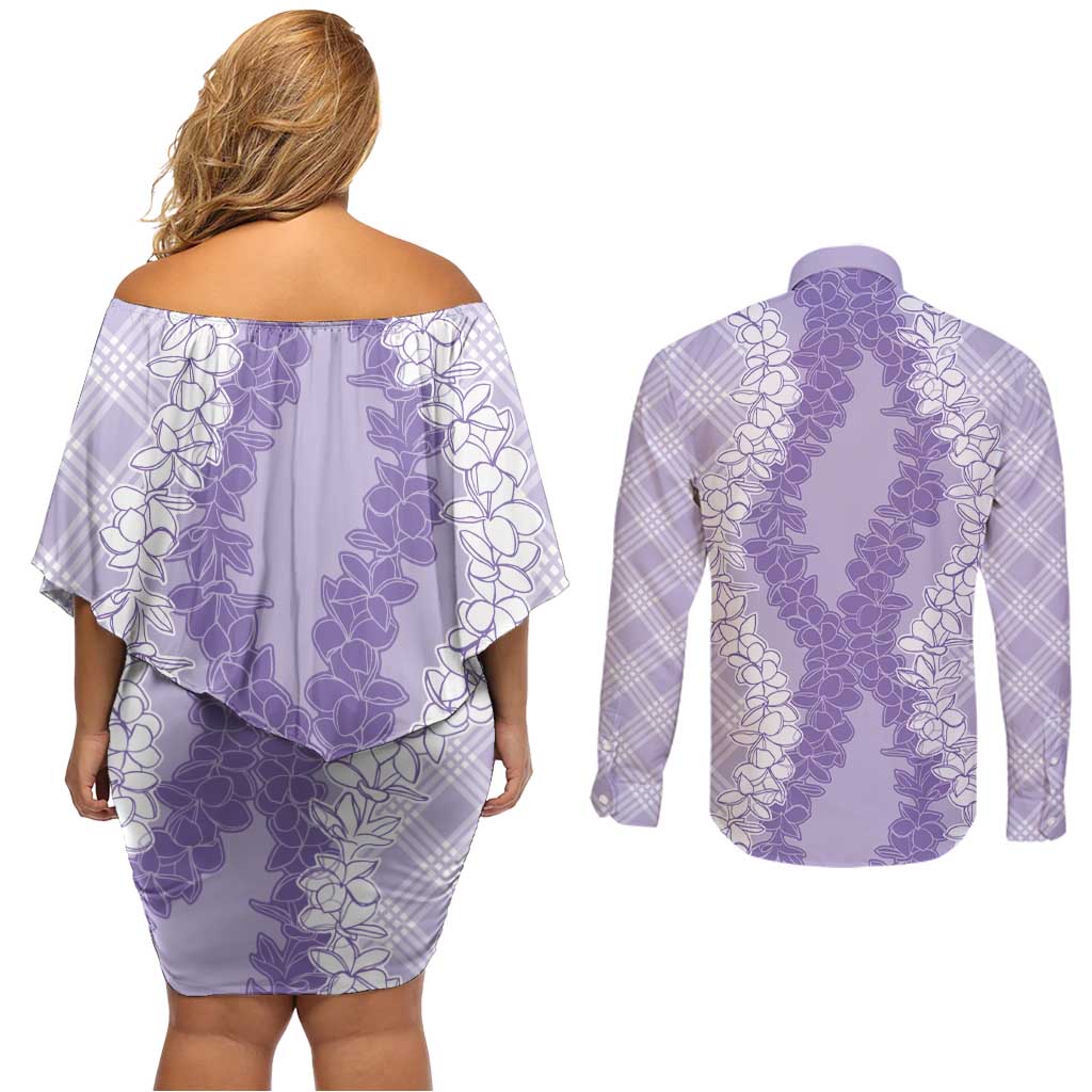 Hawaii Aloha Plumeria Lei Lavender Palaka Couples Matching Off Shoulder Short Dress and Long Sleeve Button Shirt - Polynesian Pride