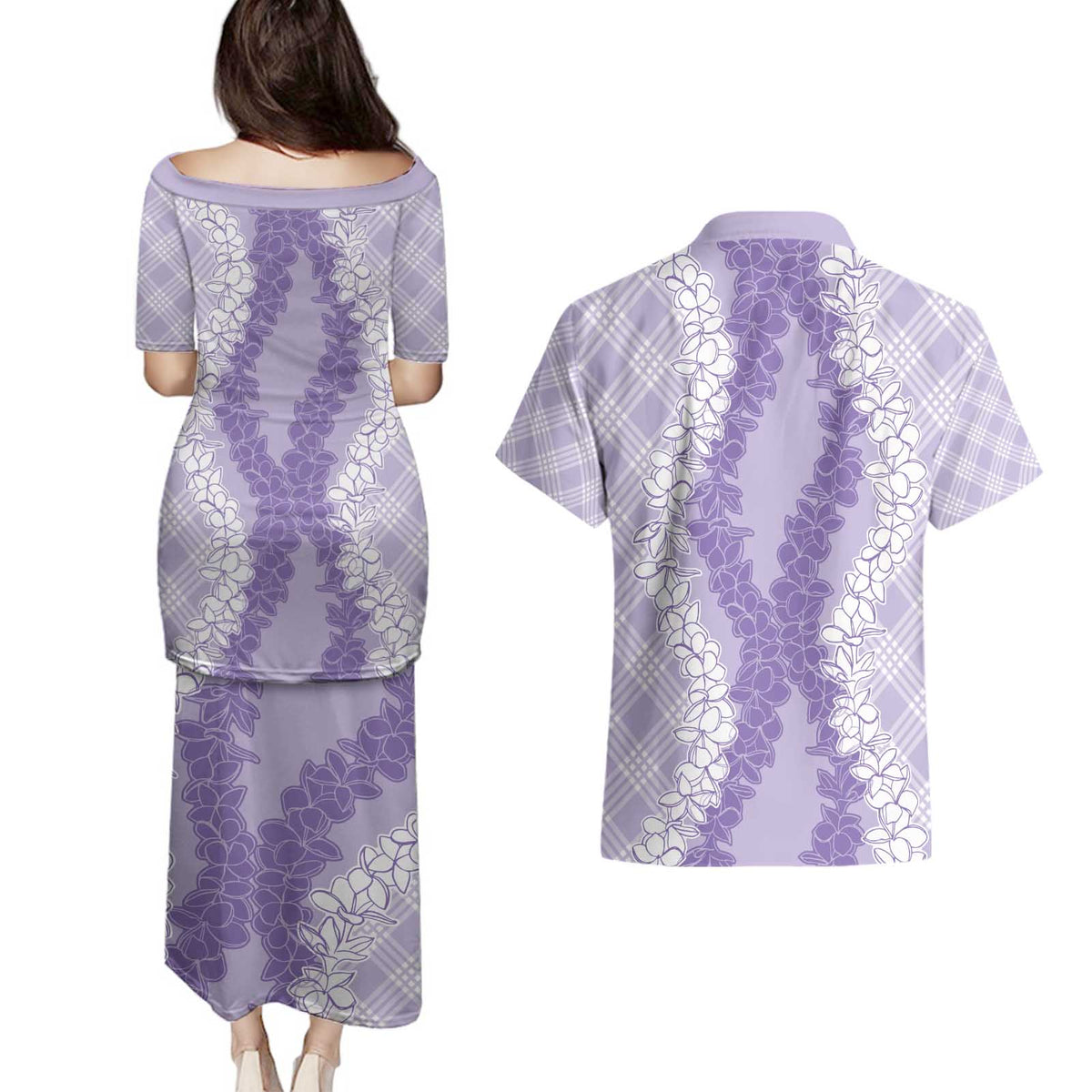 Hawaii Aloha Plumeria Lei Lavender Palaka Couples Matching Puletasi and Hawaiian Shirt - Polynesian Pride