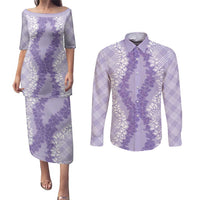 Hawaii Aloha Plumeria Lei Lavender Palaka Couples Matching Puletasi and Long Sleeve Button Shirt - Polynesian Pride