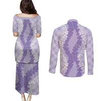 Hawaii Aloha Plumeria Lei Lavender Palaka Couples Matching Puletasi and Long Sleeve Button Shirt - Polynesian Pride