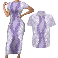 Hawaii Aloha Plumeria Lei Lavender Palaka Couples Matching Short Sleeve Bodycon Dress and Hawaiian Shirt - Polynesian Pride