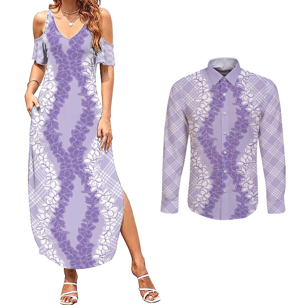 Hawaii Aloha Plumeria Lei Lavender Palaka Couples Matching Summer Maxi Dress and Long Sleeve Button Shirt - Polynesian Pride