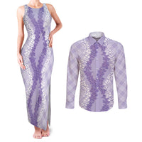 Hawaii Aloha Plumeria Lei Lavender Palaka Couples Matching Tank Maxi Dress and Long Sleeve Button Shirt - Polynesian Pride
