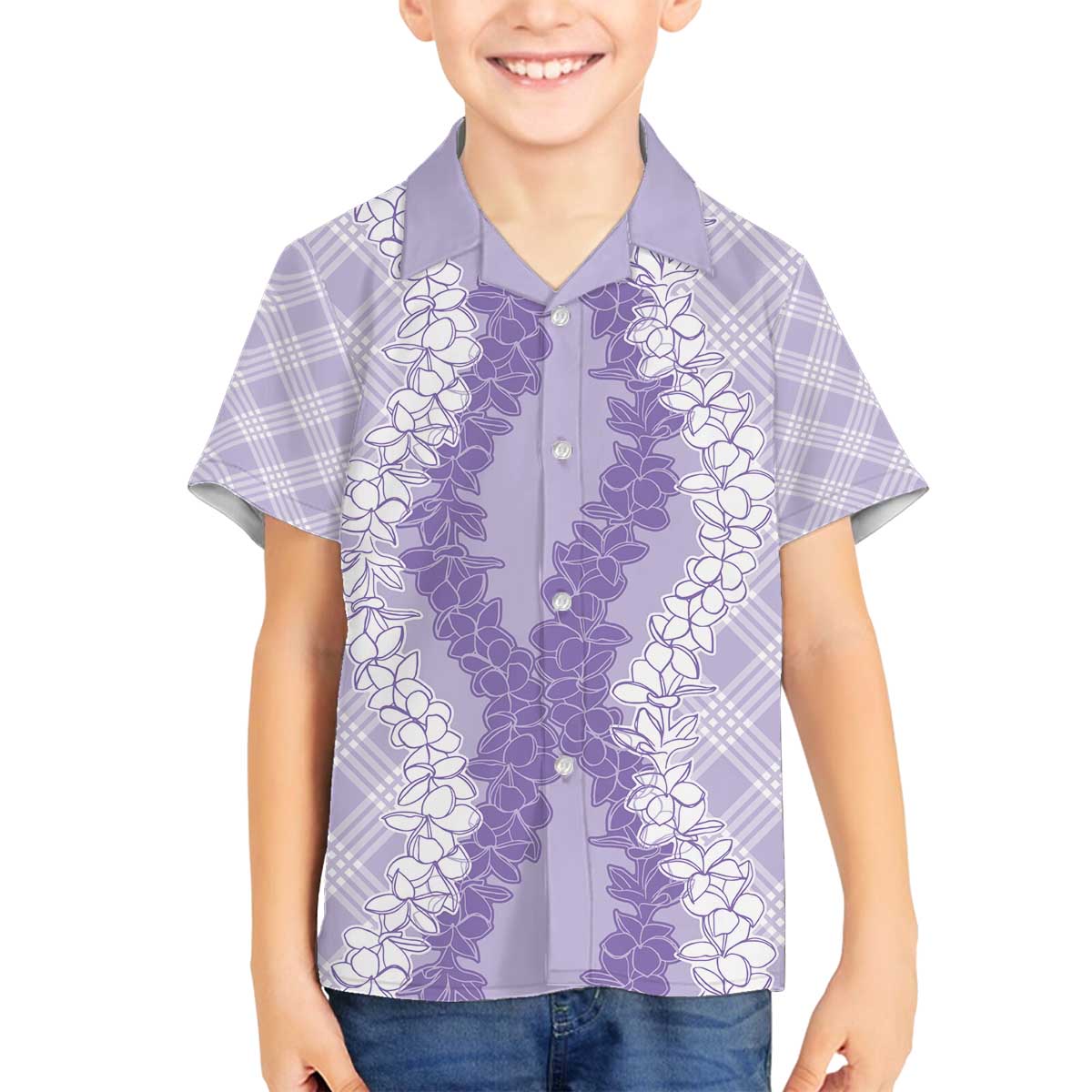 Hawaii Aloha Plumeria Lei Lavender Palaka Family Matching Off The Shoulder Long Sleeve Dress and Hawaiian Shirt - Polynesian Pride