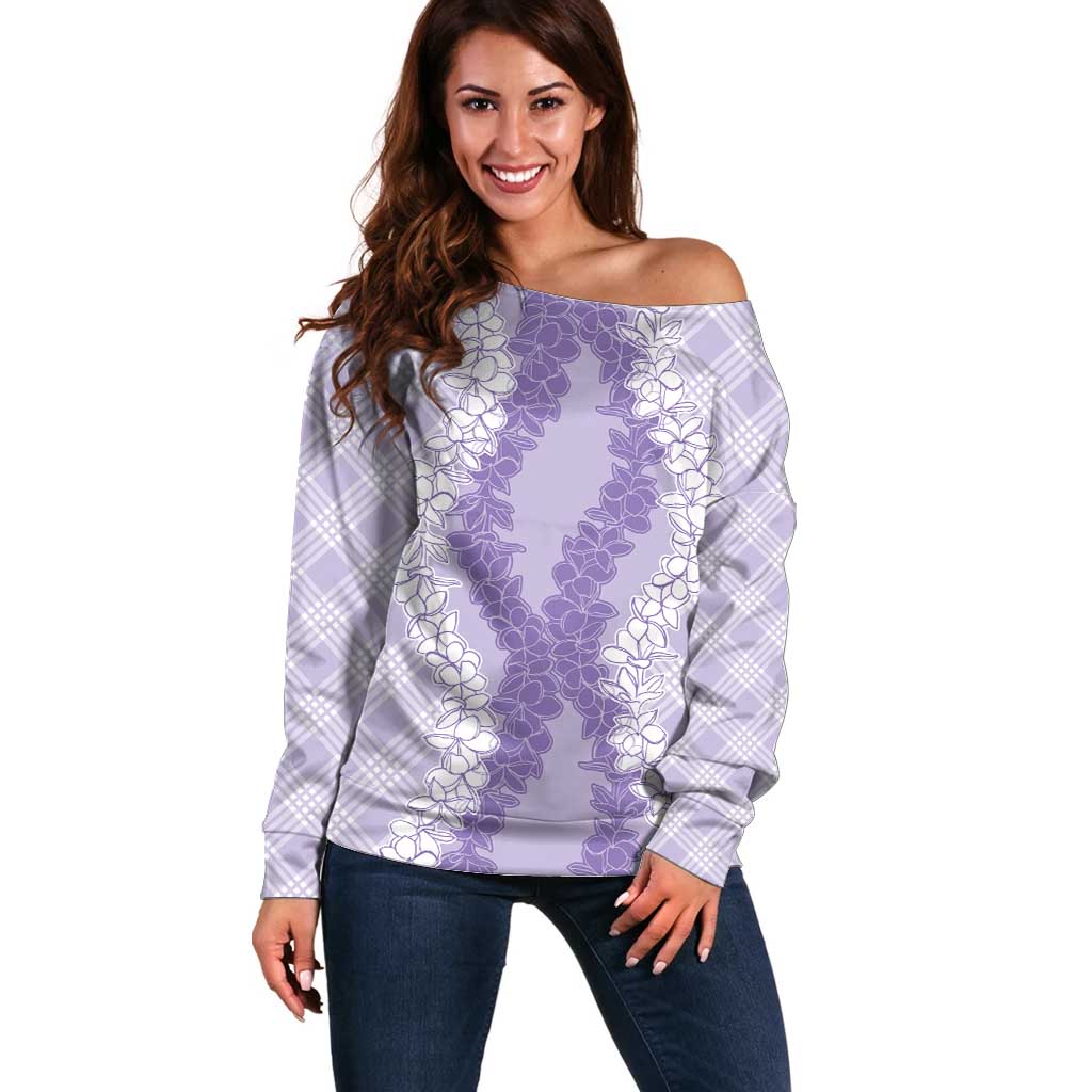 Hawaii Aloha Plumeria Lei Lavender Palaka Off Shoulder Sweater - Polynesian Pride