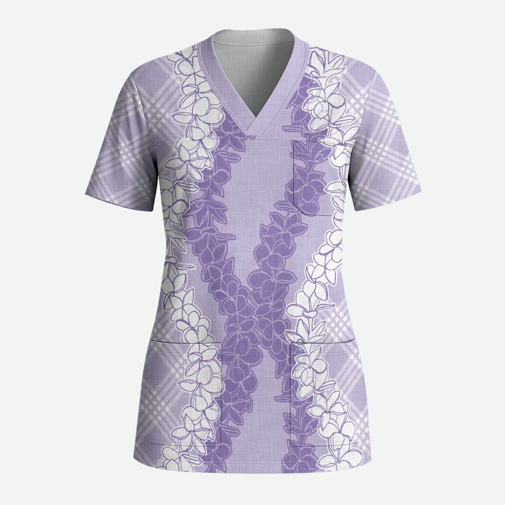 Hawaii Aloha Plumeria Lei Lavender Palaka Scrub Top - Polynesian Pride