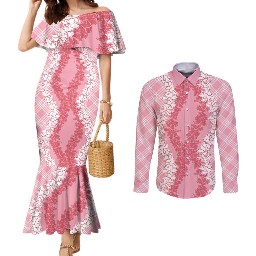 Hawaii Aloha Plumeria Lei Pink Palaka Couples Matching Mermaid Dress and Long Sleeve Button Shirt - Polynesian Pride