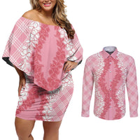 Hawaii Aloha Plumeria Lei Pink Palaka Couples Matching Off Shoulder Short Dress and Long Sleeve Button Shirt - Polynesian Pride