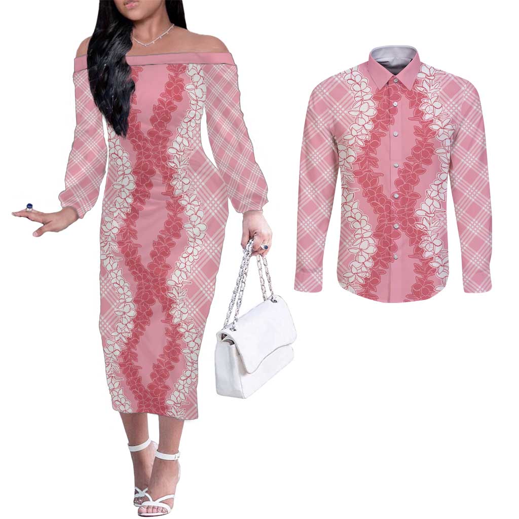 Hawaii Aloha Plumeria Lei Pink Palaka Couples Matching Off The Shoulder Long Sleeve Dress and Long Sleeve Button Shirt - Polynesian Pride