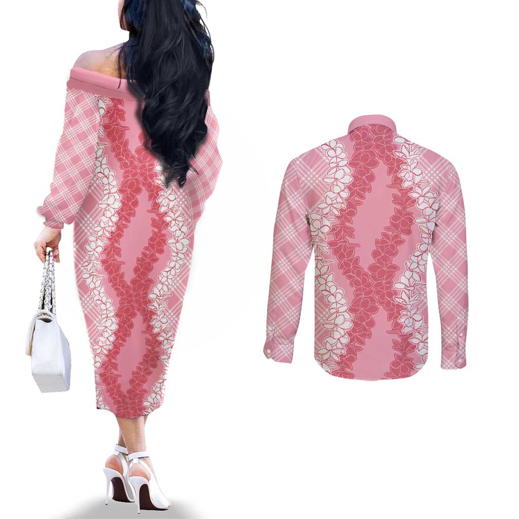 Hawaii Aloha Plumeria Lei Pink Palaka Couples Matching Off The Shoulder Long Sleeve Dress and Long Sleeve Button Shirt - Polynesian Pride