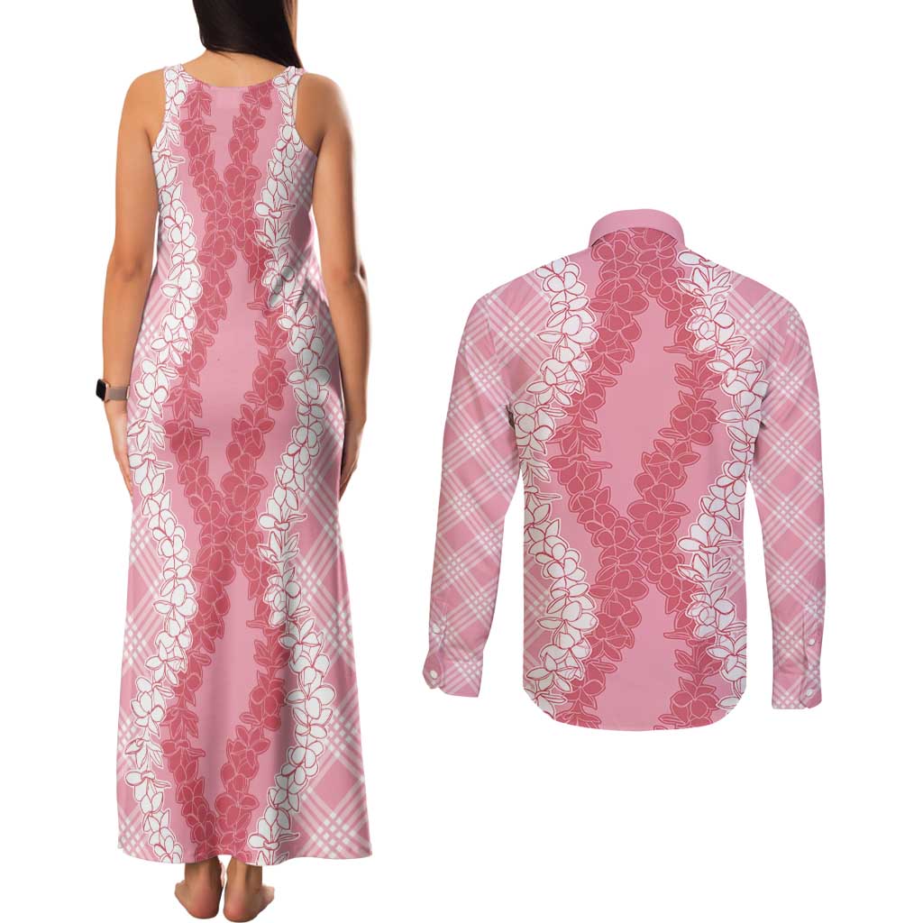 Hawaii Aloha Plumeria Lei Pink Palaka Couples Matching Tank Maxi Dress and Long Sleeve Button Shirt - Polynesian Pride