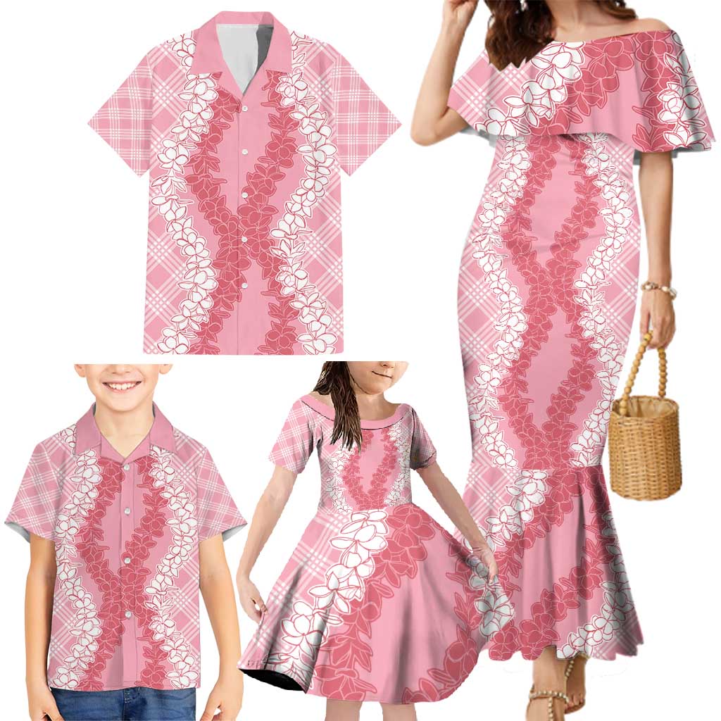 Hawaii Aloha Plumeria Lei Pink Palaka Family Matching Mermaid Dress and Hawaiian Shirt - Polynesian Pride