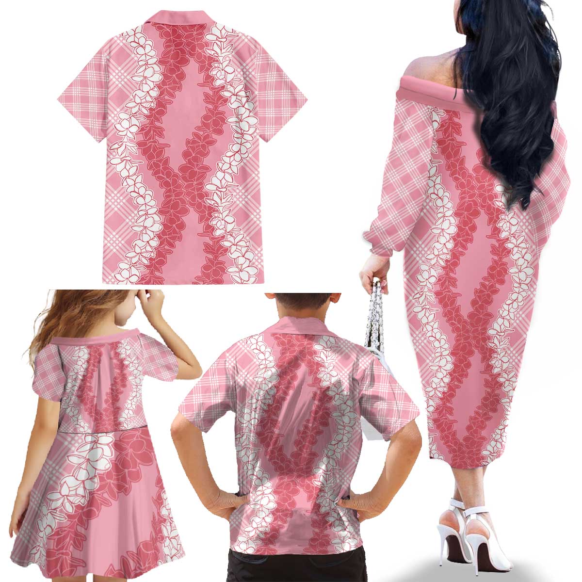 Hawaii Aloha Plumeria Lei Pink Palaka Family Matching Off The Shoulder Long Sleeve Dress and Hawaiian Shirt - Polynesian Pride