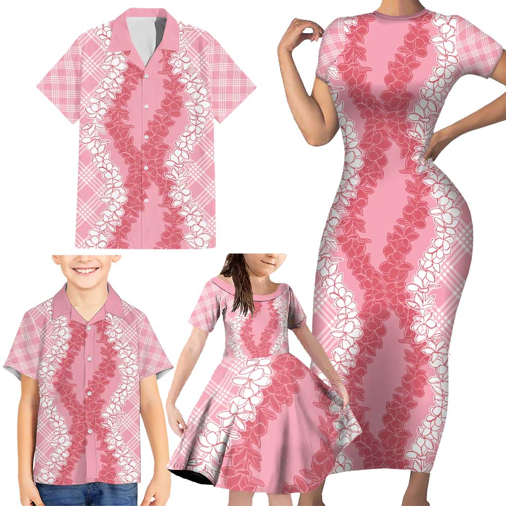 Hawaii Aloha Plumeria Lei Pink Palaka Family Matching Short Sleeve Bodycon Dress and Hawaiian Shirt - Polynesian Pride