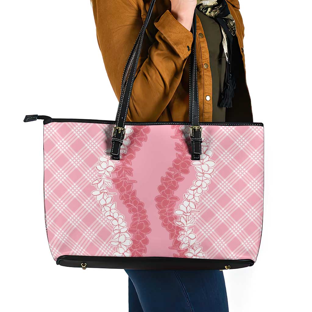 Hawaii Aloha Plumeria Lei Pink Palaka Leather Tote Bag - Polynesian Pride