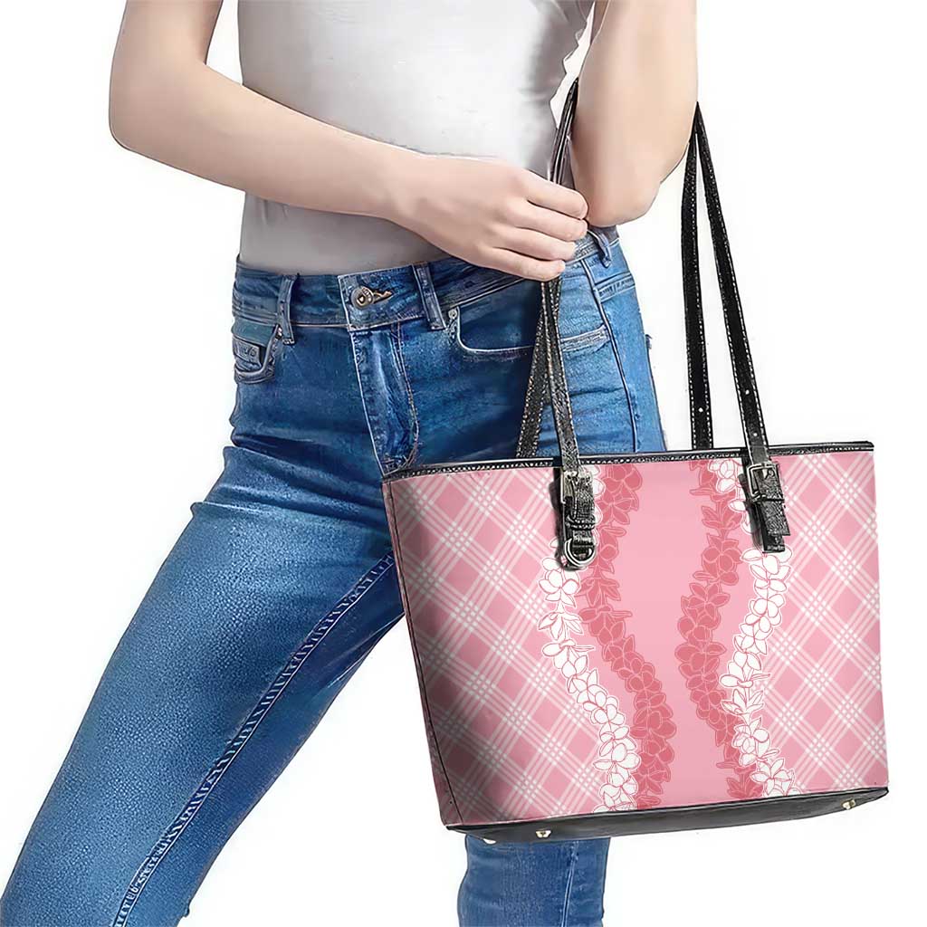 Hawaii Aloha Plumeria Lei Pink Palaka Leather Tote Bag - Polynesian Pride