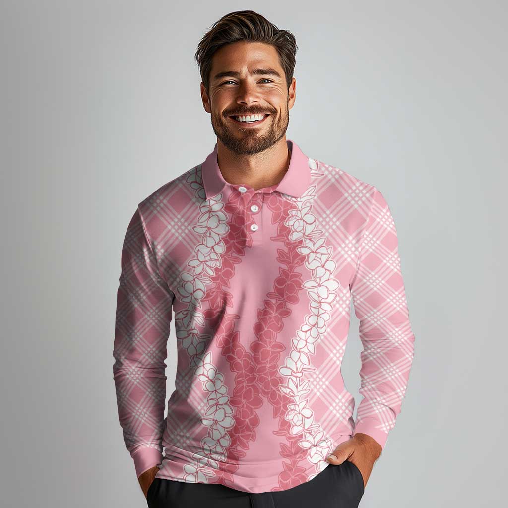 Hawaii Aloha Plumeria Lei Pink Palaka Long Sleeve Polo Shirt - Polynesian Pride