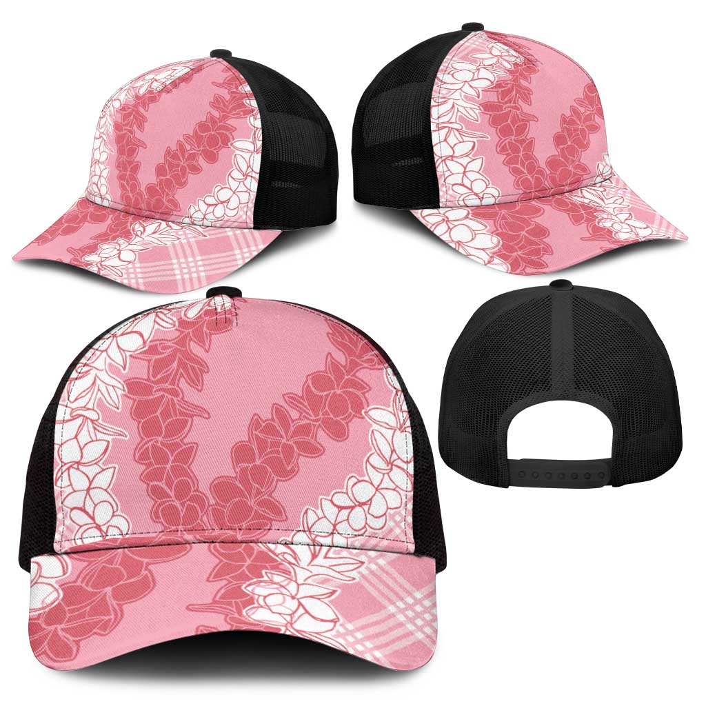 Hawaii Aloha Plumeria Lei Pink Palaka Mesh Trucker Cap - Polynesian Pride