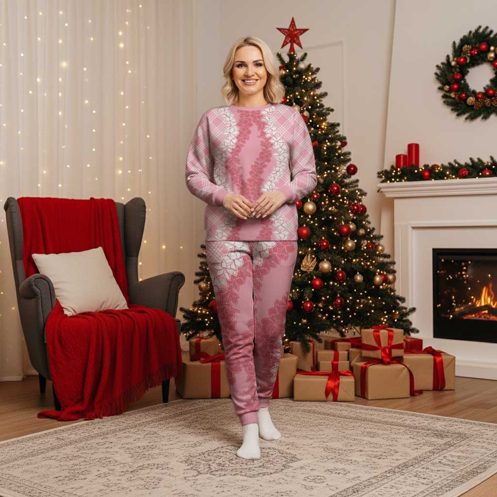 Hawaii Aloha Plumeria Lei Pink Palaka Christmas Pajama Set - Polynesian Pride