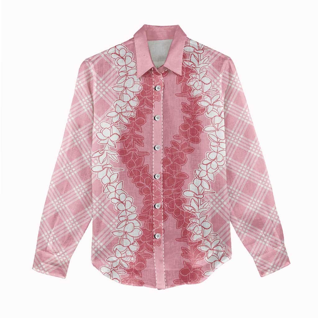 Hawaii Aloha Plumeria Lei Pink Palaka Women Casual Shirt - Polynesian Pride