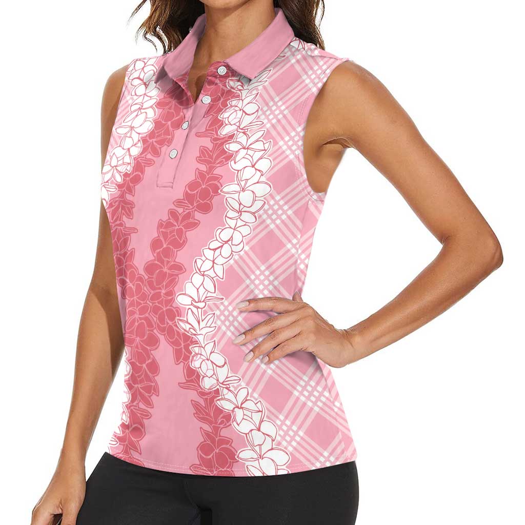 Hawaii Aloha Plumeria Lei Pink Palaka Women Sleeveless Polo Shirt - Polynesian Pride