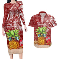 Mele Kalikimaka Hawaii Christmas Couples Matching Long Sleeve Bodycon Dress and Hawaiian Shirt Pineapple Party LT7 Red - Polynesian Pride
