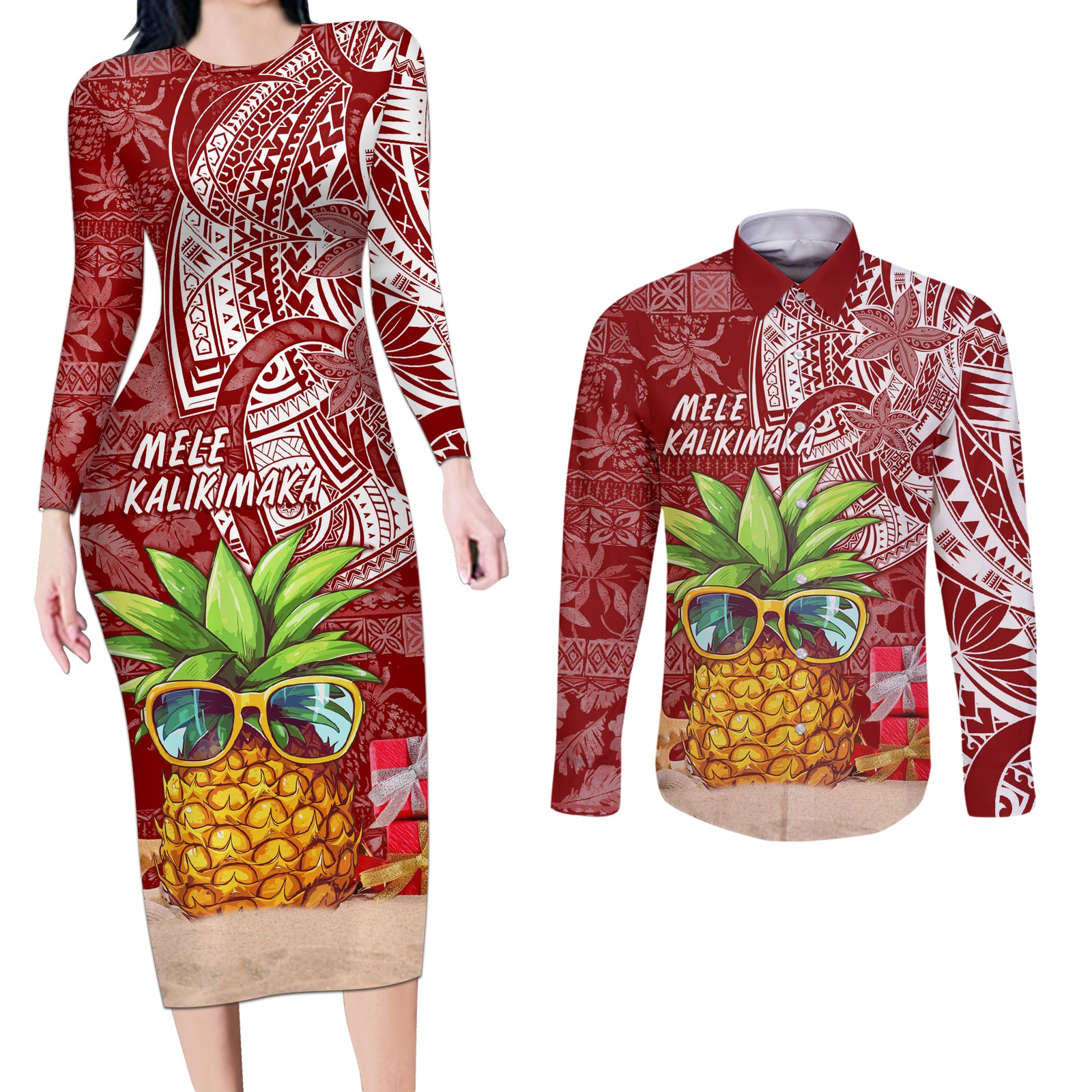 Mele Kalikimaka Hawaii Christmas Couples Matching Long Sleeve Bodycon Dress and Long Sleeve Button Shirt Pineapple Party LT7 Red - Polynesian Pride