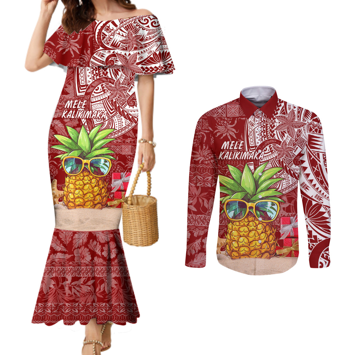 Mele Kalikimaka Hawaii Christmas Couples Matching Mermaid Dress and Long Sleeve Button Shirt Pineapple Party LT7 Red - Polynesian Pride