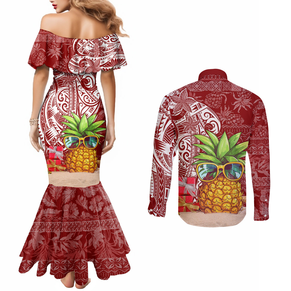 Mele Kalikimaka Hawaii Christmas Couples Matching Mermaid Dress and Long Sleeve Button Shirt Pineapple Party LT7 - Polynesian Pride